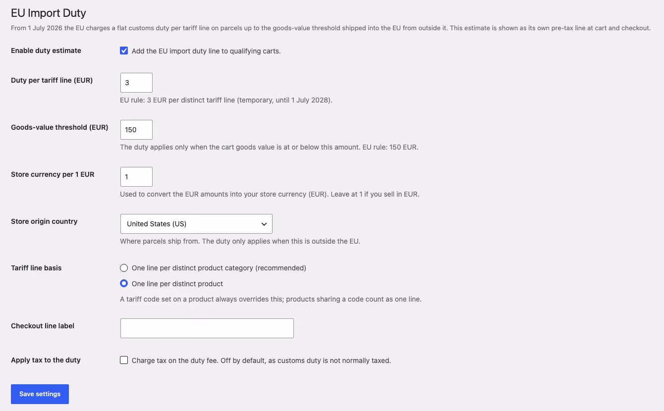 Pantalla de ajustes del plugin Customs en el panel de WordPress: arancel de 3 por línea arancelaria, umbral de valor de los productos de 150, moneda de la tienda por 1 EUR, país de envío de la tienda, base de la línea arancelaria, etiqueta en el checkout e impuesto sobre el arancel desactivado