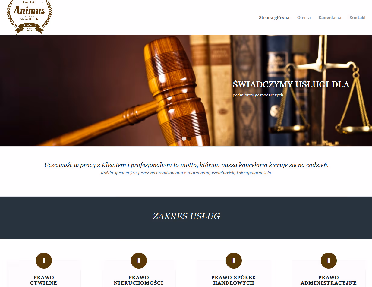 kancelaria-animus.pl ist eine Website für eine Anwaltskanzlei in Wrocław, mit klarer Leistungsdarstellung und einfachem Kontaktweg.