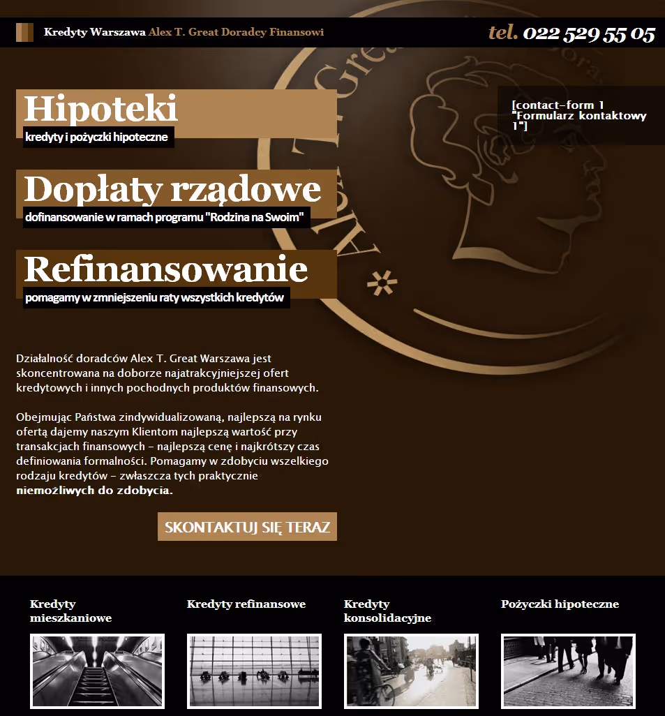 kredytywarszawa.pl ist eine WordPress-Website für ein Unternehmen für Kredite und Finanzdienstleistungen, mit klaren Leistungen, Performance und Grundsicherheit.
