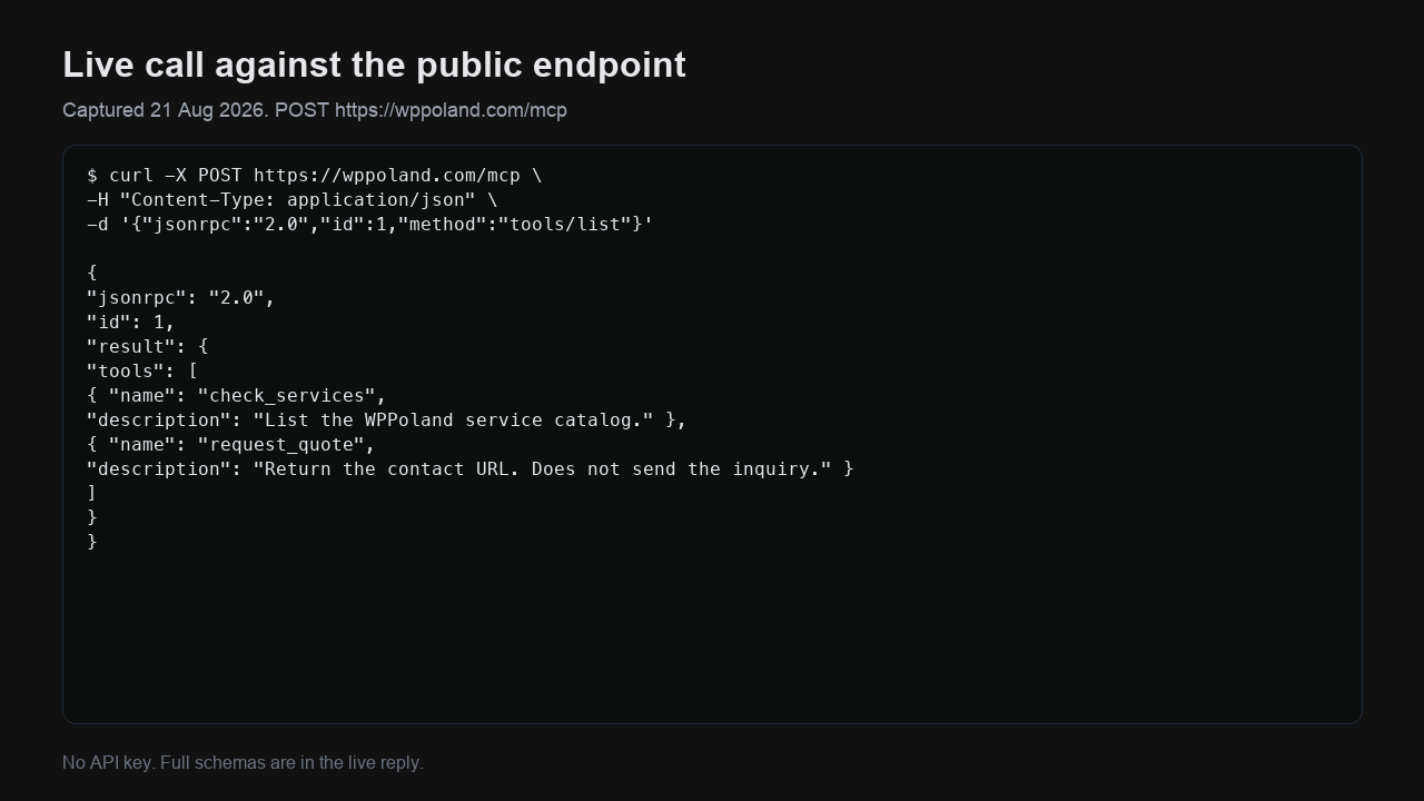 Odpowiedź tools/list z żywego endpointu wppoland.com/mcp w terminalu