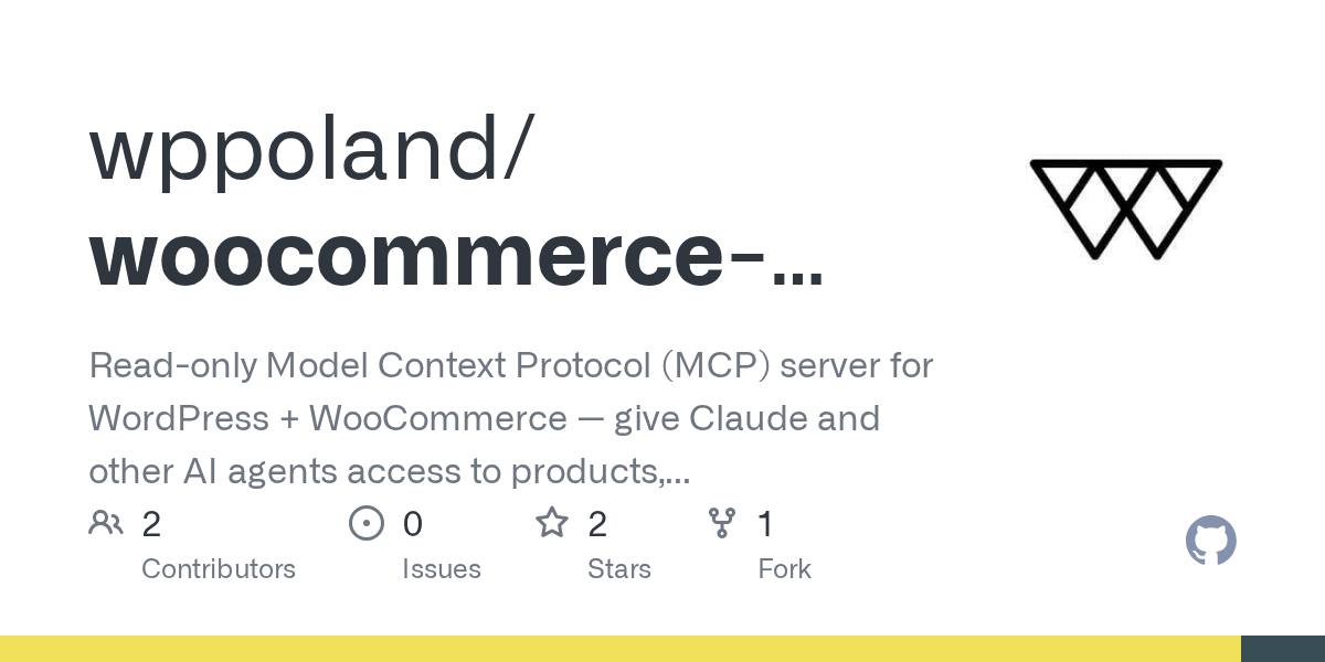Repozytorium woocommerce-mcp na GitHubie na licencji MIT