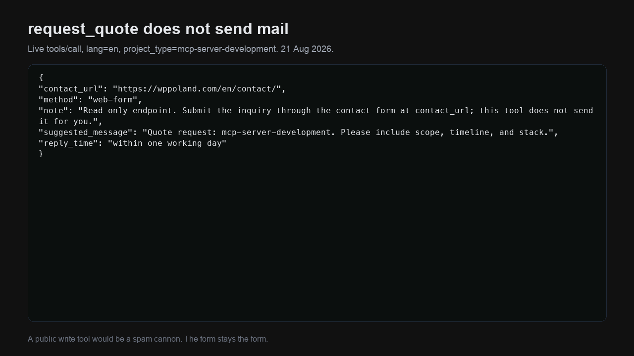 Żywa odpowiedź narzędzia request_quote w formacie JSON