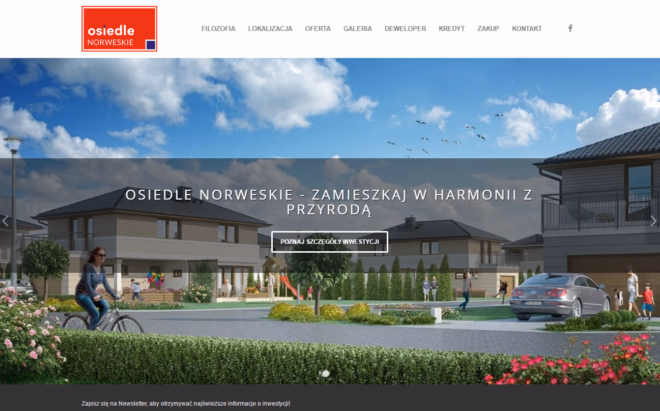 osiedlenorweskie.pl ist eine Website für eine Wohnanlage in Koszalin, mit Darstellung des Ortes, der Architektur und praktischer Informationen.