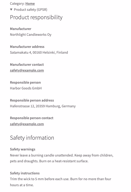 Página de producto con el panel "Product safety (GPSR)" de Shoplex: fabricante Northlight Candleworks Oy en Helsinki, persona responsable Harbor Goods GmbH en Hamburgo, direcciones y correos de contacto, advertencias e instrucciones de seguridad, datos de ejemplo