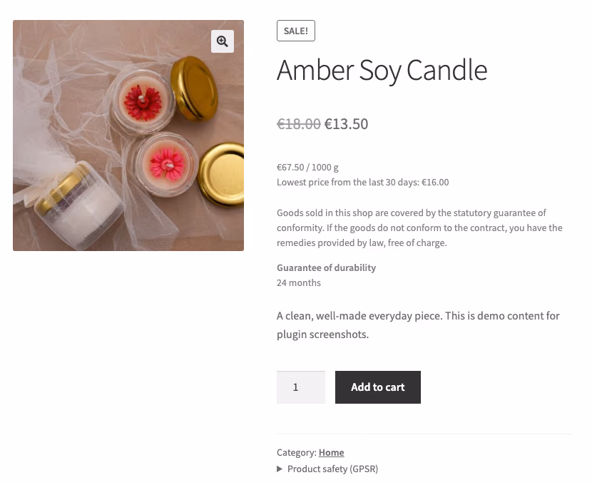 Product page in a demo shop running Shoplex: price EUR 18.00 struck through, sale price EUR 13.50, unit price and the lowest price of the last 30 days, EUR 16.00