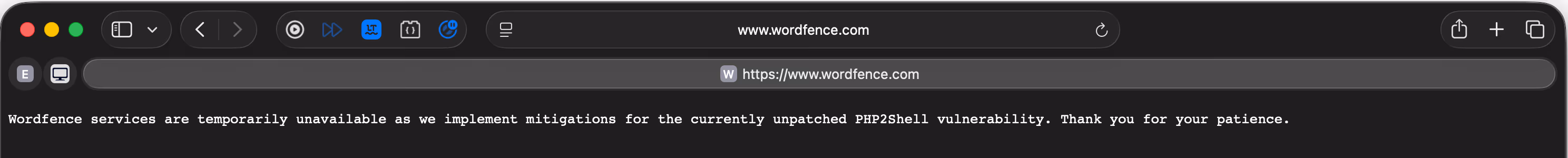 Komunikat na stronie Wordfence 21 października 2026 około 16:05: usługi Wordfence chwilowo niedostępne z powodu wdrażania zabezpieczeń przed PHP2Shell